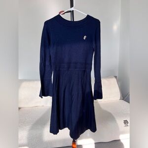 E.Land Navy Blue Knit Dress with Flared Sleeves and Adorable Corgi Pin - Size 16